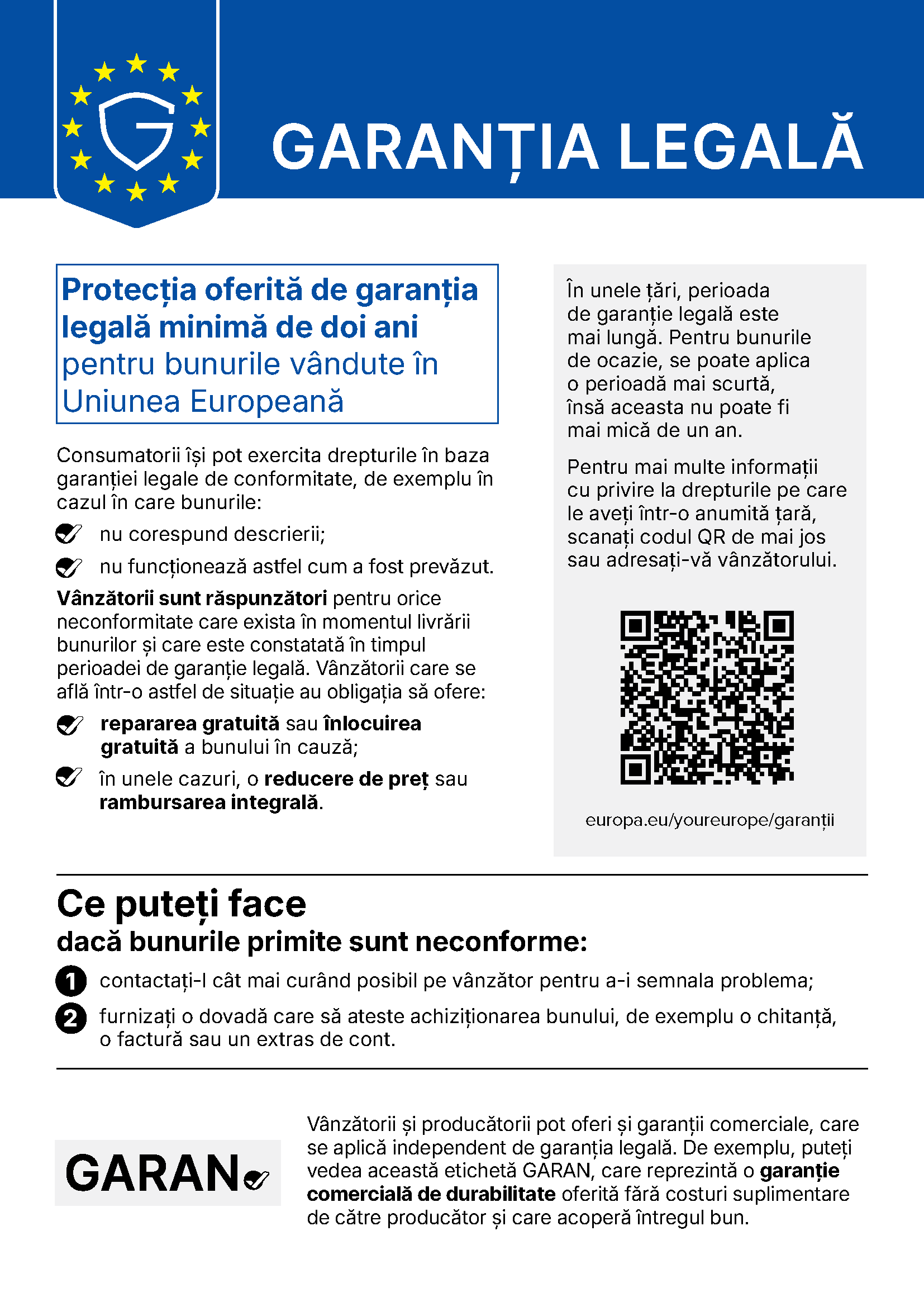 Garanția legală: notificarea armonizată a Uniunii Europene privind garanția legală de conformitate (textul complet mai jos)